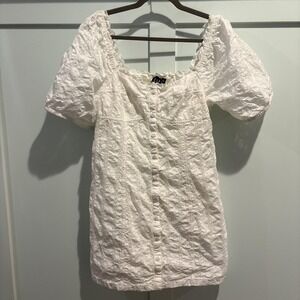 Gap‎ White Eyelet Dress XL Puff Sleeve Square Neck Lined Mini Cottage Coquette
